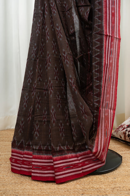 Odisha Ikkat Khandua Cotton Saree - Brown Red