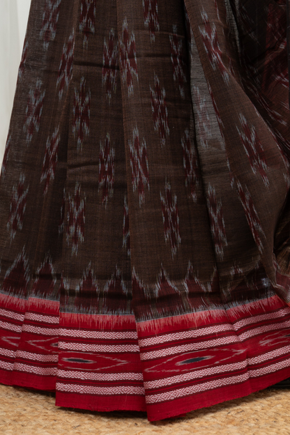 Odisha Ikkat Khandua Cotton Saree - Brown Red