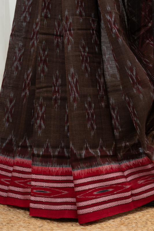 Odisha Ikkat Khandua Cotton Saree - Brown Red