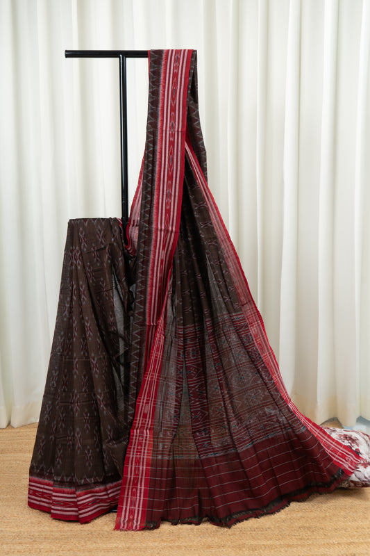 Odisha Ikkat Khandua Cotton Saree - Brown Red
