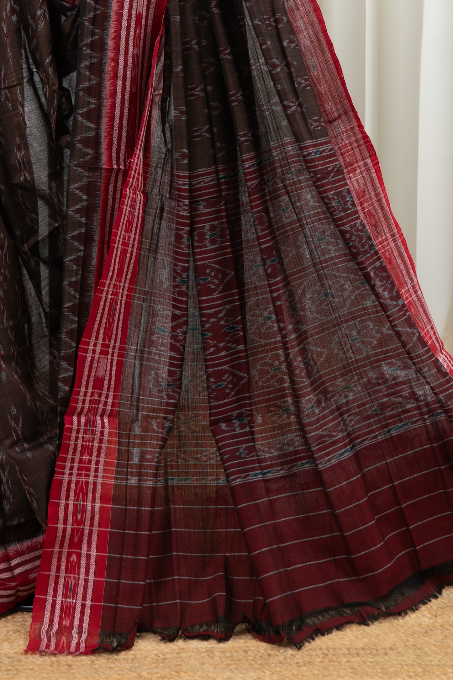 Odisha Ikkat Khandua Cotton Saree - Brown Red