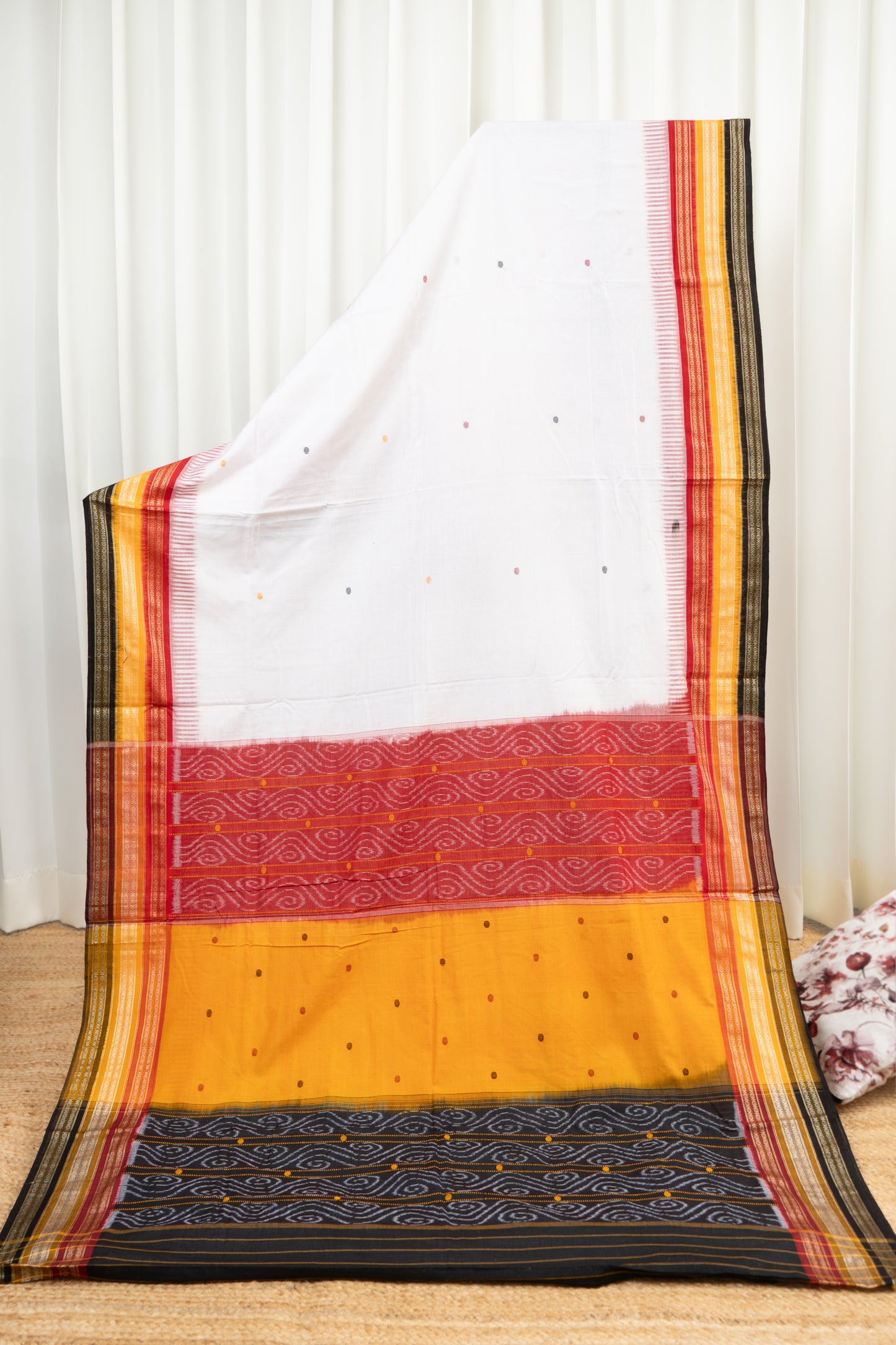 Kathifera Triple Border Ikkat Cotton Saree - White