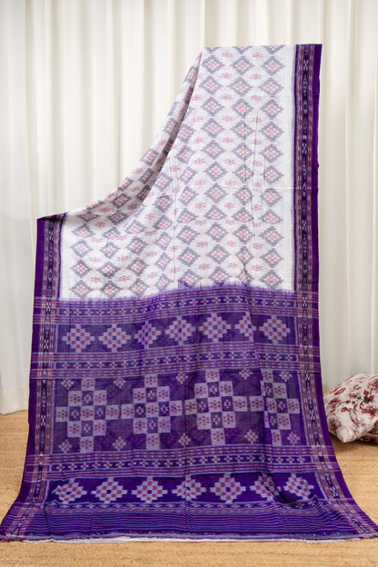 Odisha Ikkat Khandua Cotton Saree- White-Purple