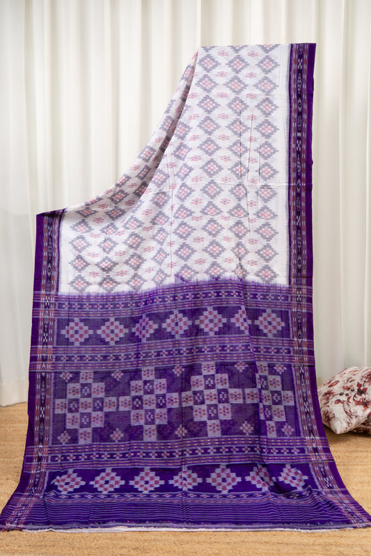 Odisha Ikkat Khandua Cotton Saree- White-Purple