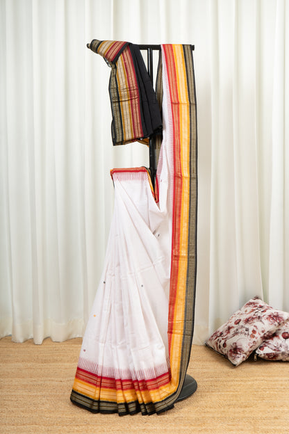 Kathifera Triple Border Ikkat Cotton Saree - White