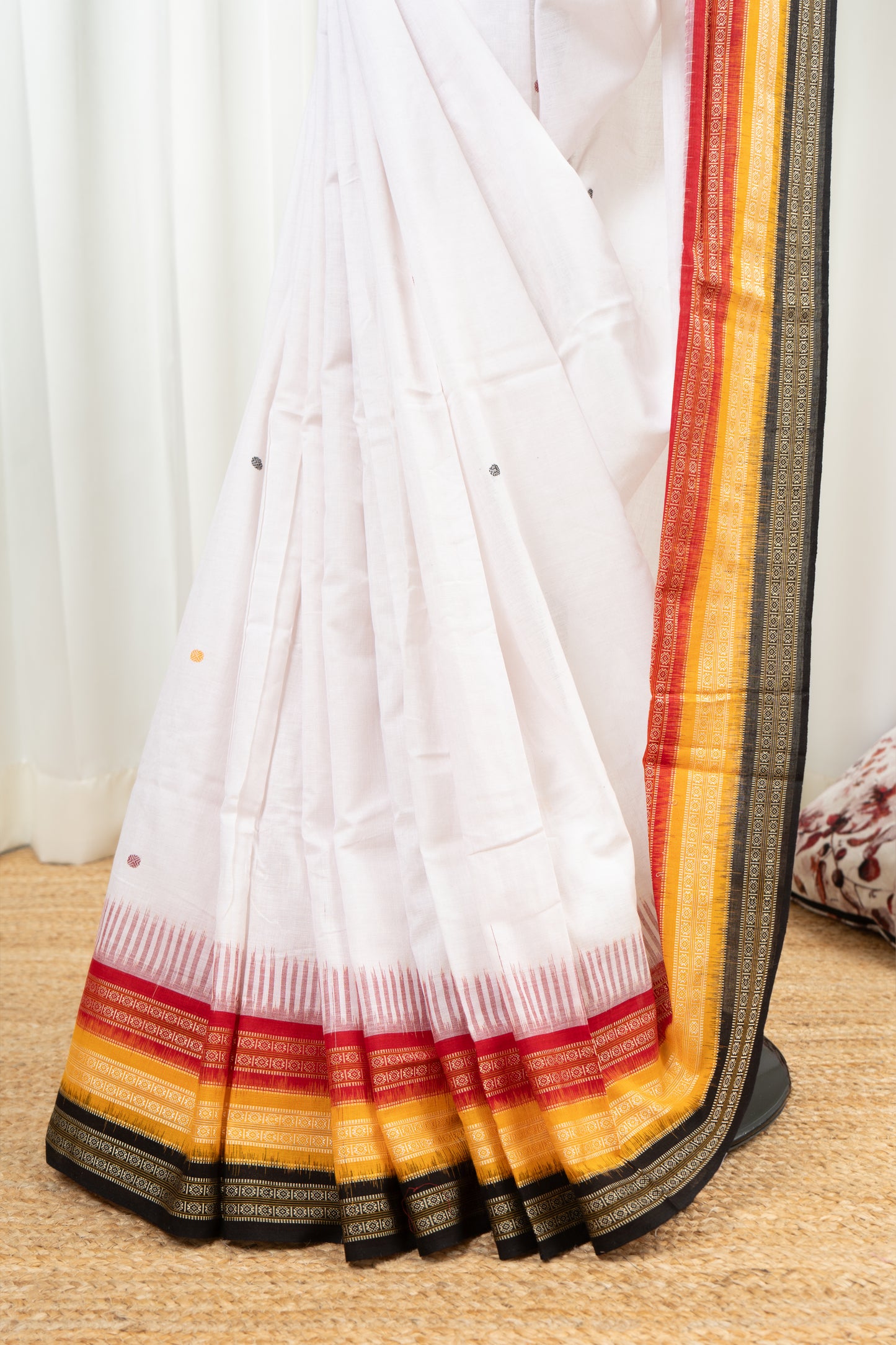 Kathifera Triple Border Ikkat Cotton Saree - White