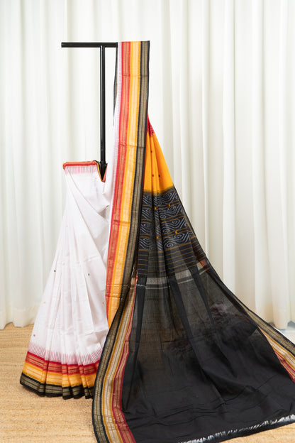 Kathifera Triple Border Ikkat Cotton Saree - White