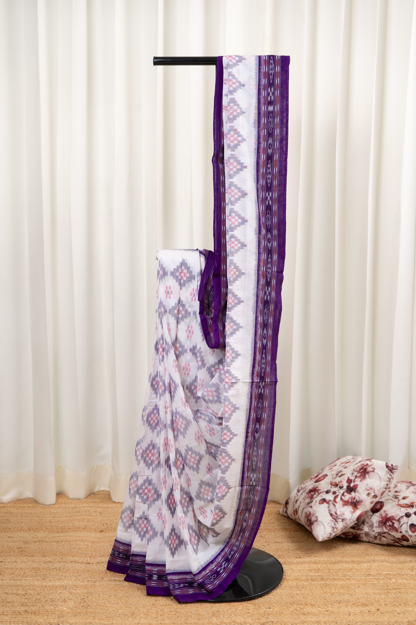 Odisha Ikkat Khandua Cotton Saree- White-Purple