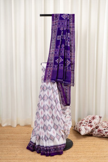 Odisha Ikkat Khandua Cotton Saree- White-Purple