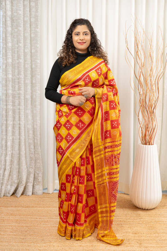 Pasapali Body Khandua Silk Saree- Yellow-Red