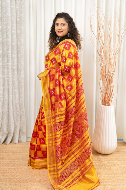 Pasapali Body Khandua Silk Saree- Yellow-Red