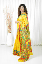 Load image into Gallery viewer, Pure Tussar Silk Madhubani Hand Painted Saree - Amber Yellow
