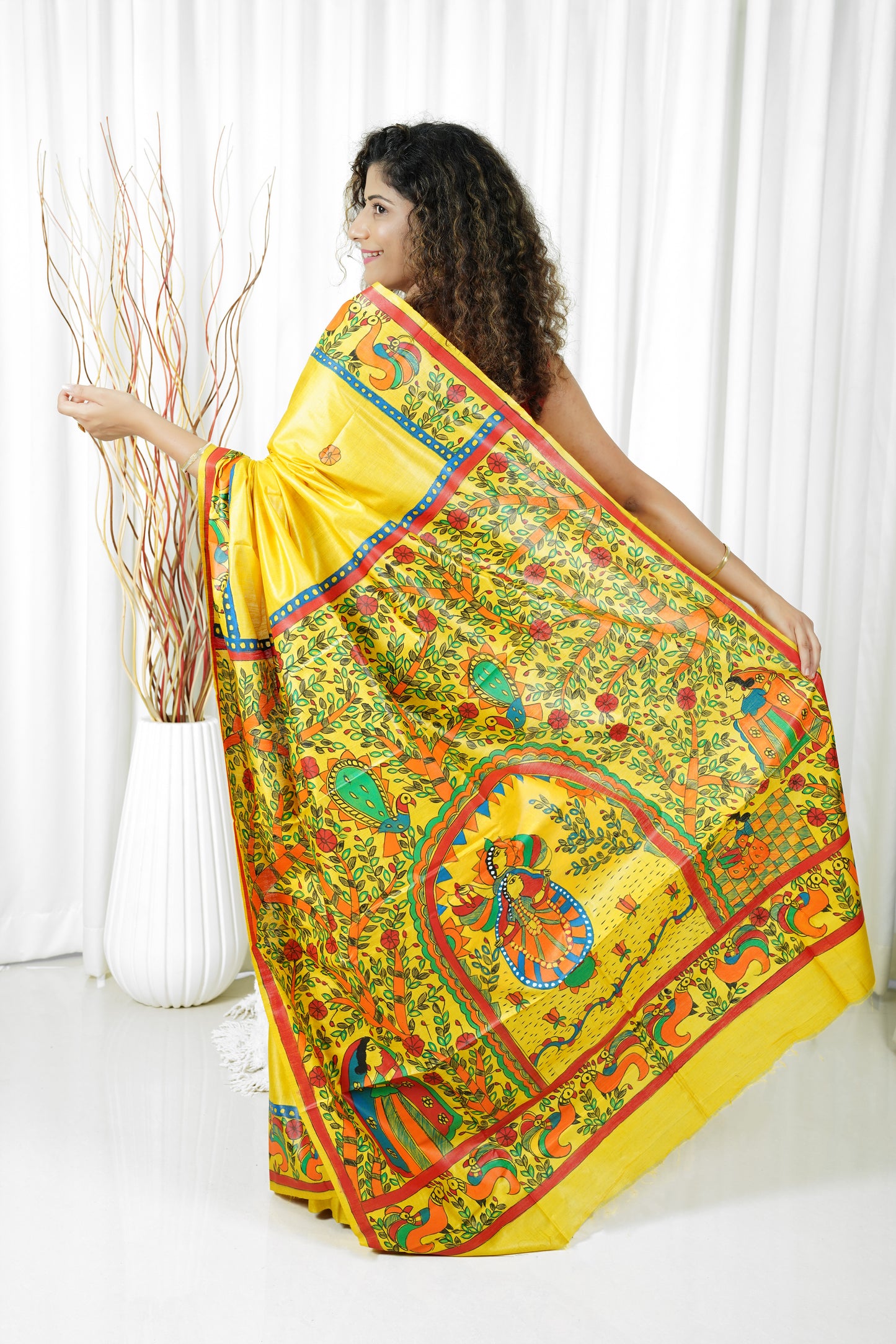 Pure Tussar Silk Madhubani Hand Painted Saree - Amber Yellow