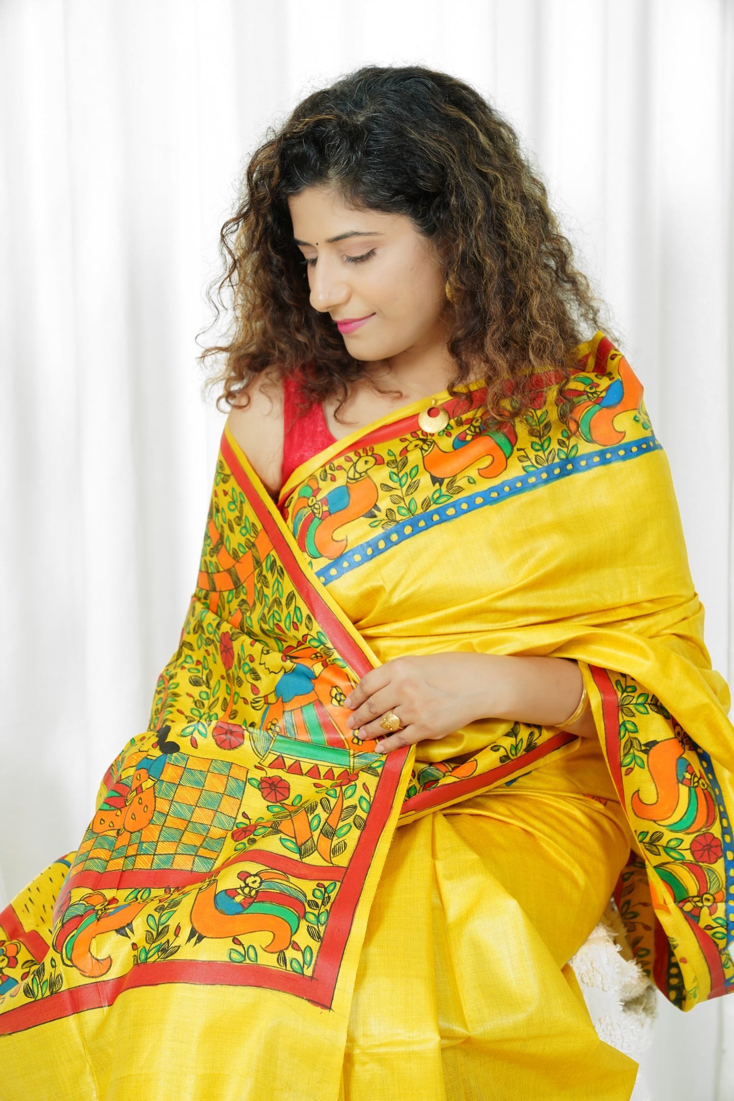 Pure Tussar Silk Madhubani Hand Painted Saree - Amber Yellow