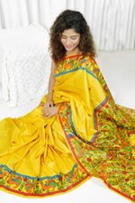 Load image into Gallery viewer, Pure Tussar Silk Madhubani Hand Painted Saree - Amber Yellow
