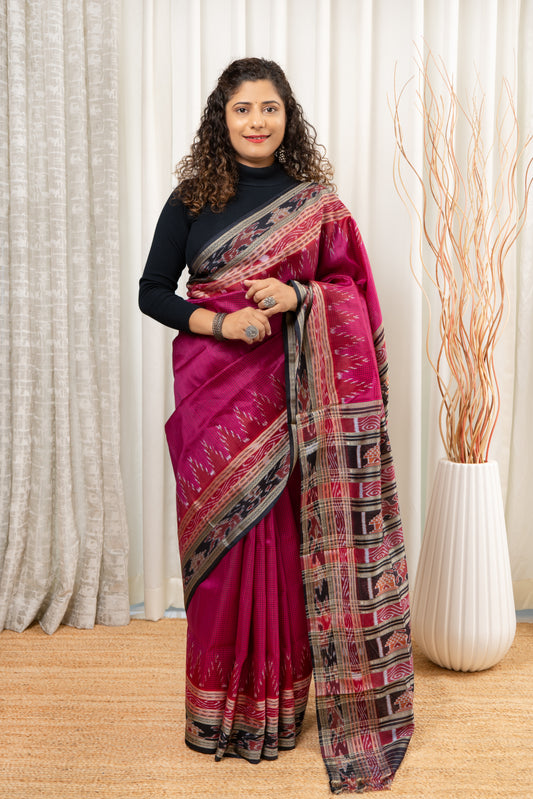Sachipaar Khandua Silk Saree: Deep Pink