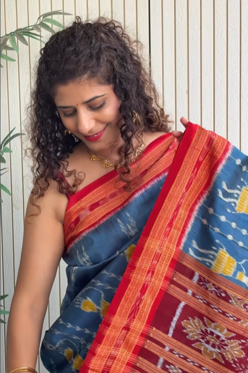 Odisha Ikkat Khandua Silk Saree- Teal