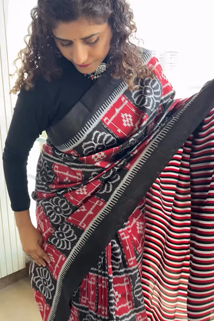 Exclusive Odisha Ikkat Pure Silk Saree- Black red