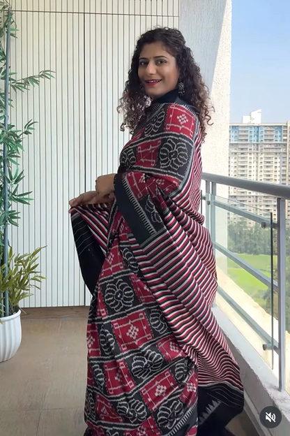 Exclusive Odisha Ikkat Pure Silk Saree- Black red