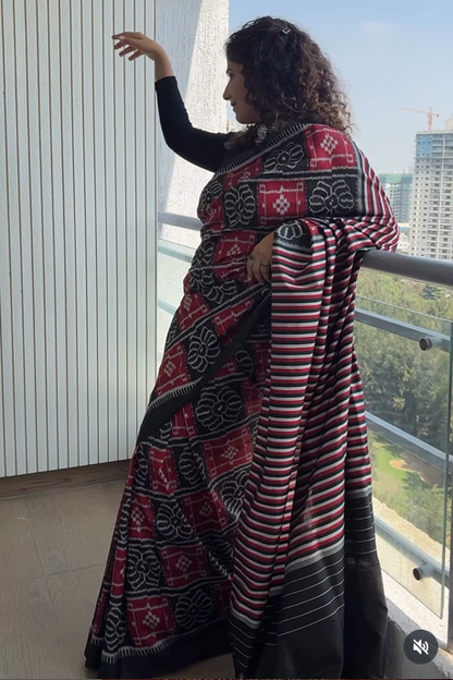 Exclusive Odisha Ikkat Pure Silk Saree- Black red