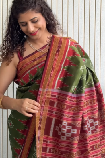Odisha Handloom Khandua Silk (Patta) Saree - Henna Green