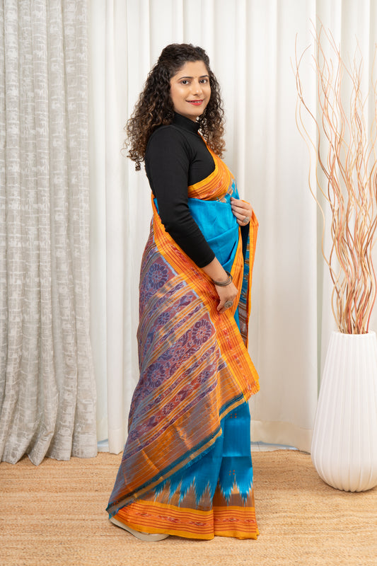 Odisha Ikkat Pure Khandua Silk Saree - Blue
