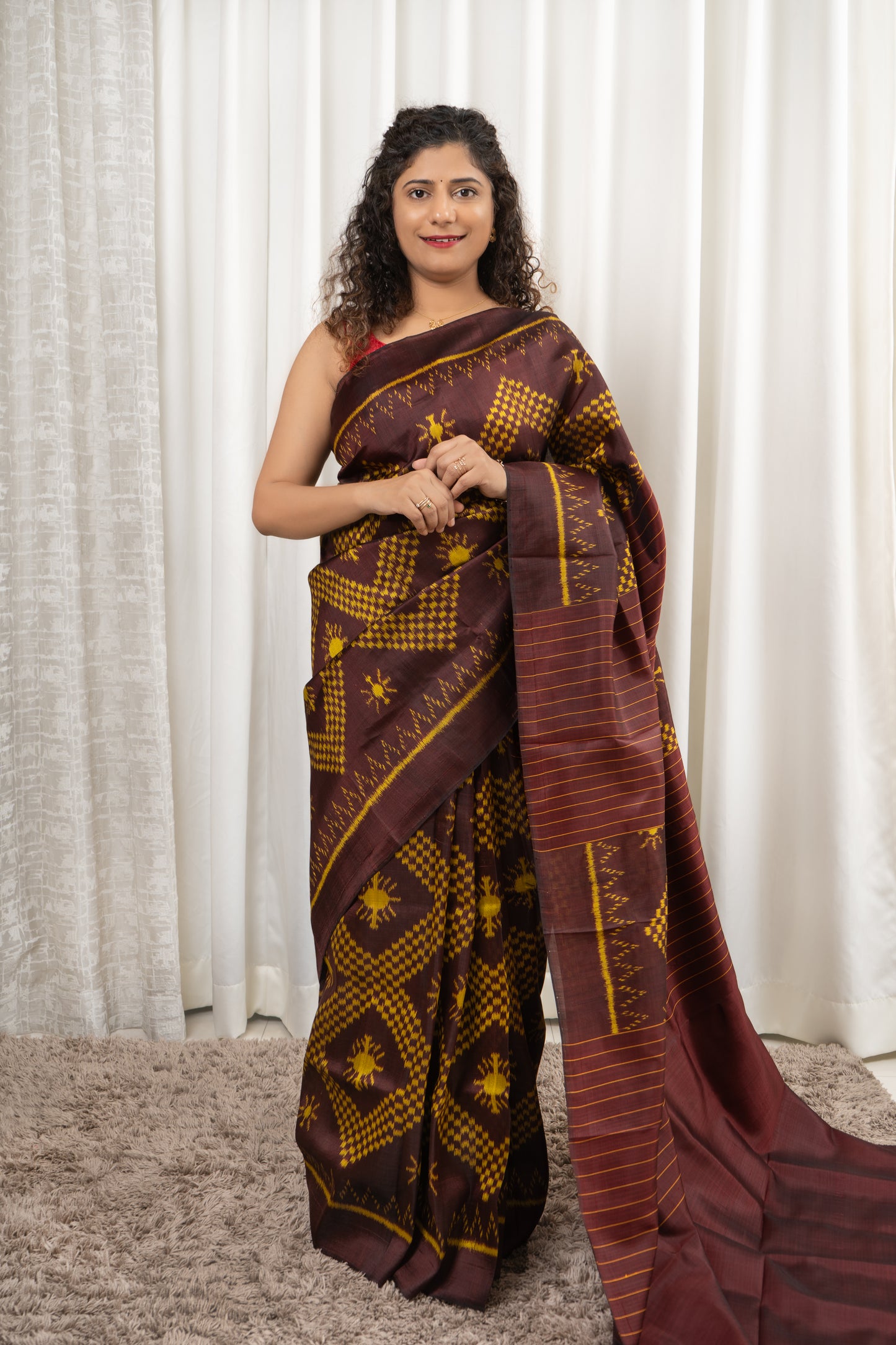 Odisha Ikkat Khandua Silk Saree- Deep Coffee Brown