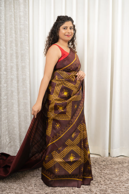 Odisha Ikkat Khandua Silk Saree- Deep Coffee Brown