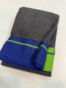 Black Patteda Anchu Cotton Saree With Ganga Jamuna Border- Navy Green