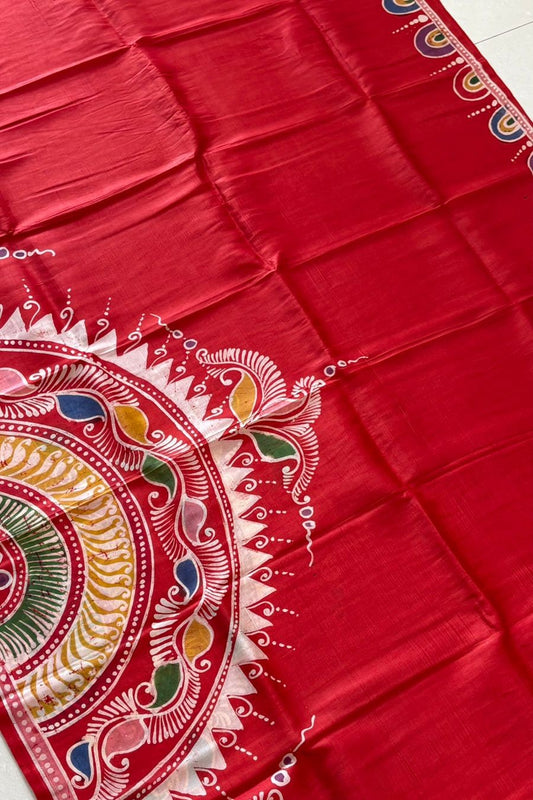 Murshidabad Pure Silk Saree Hand Batik Print - Red