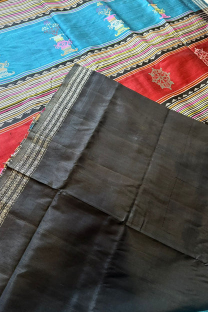 Exclusive Double Pallu Berhampuri Pure Silk Patta Saree -Peacock Blue