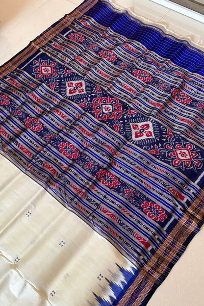 Odisha Ikkat Khandua Pure Silk Saree- Off White