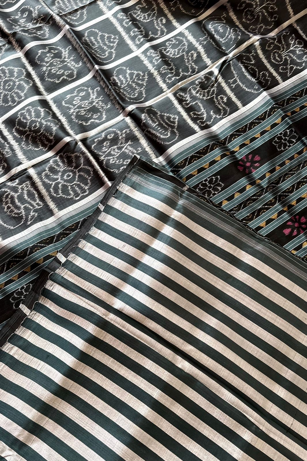Odisha Ikkat Nabakothi Khandua Silk Saree: Charcoal Black