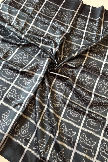Odisha Ikkat Nabakothi Khandua Silk Saree: Charcoal Black