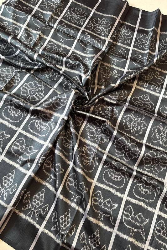 Odisha Ikkat Nabakothi Khandua Silk Saree: Charcoal Black