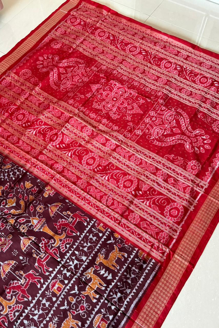 Exclusive Sambalpuri Pure Silk Saree - Coffee- Red