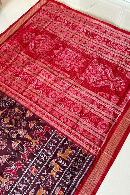 Exclusive Sambalpuri Pure Silk Saree - Coffee- Red