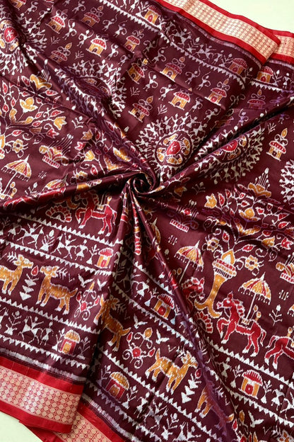 Exclusive Sambalpuri Pure Silk Saree - Coffee- Red