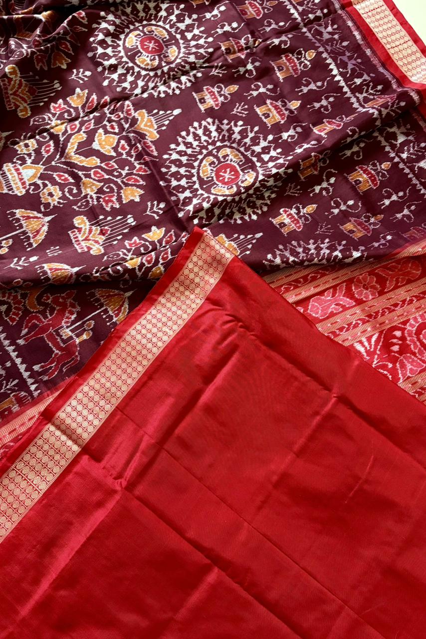 Exclusive Sambalpuri Pure Silk Saree - Coffee- Red
