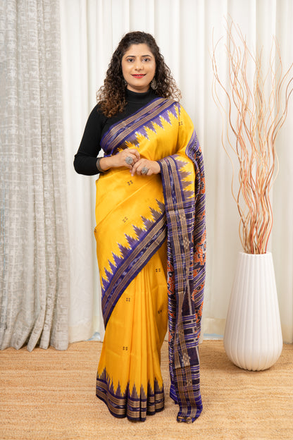 Odisha Ikkat Pure Khandua Silk Saree - Yellow