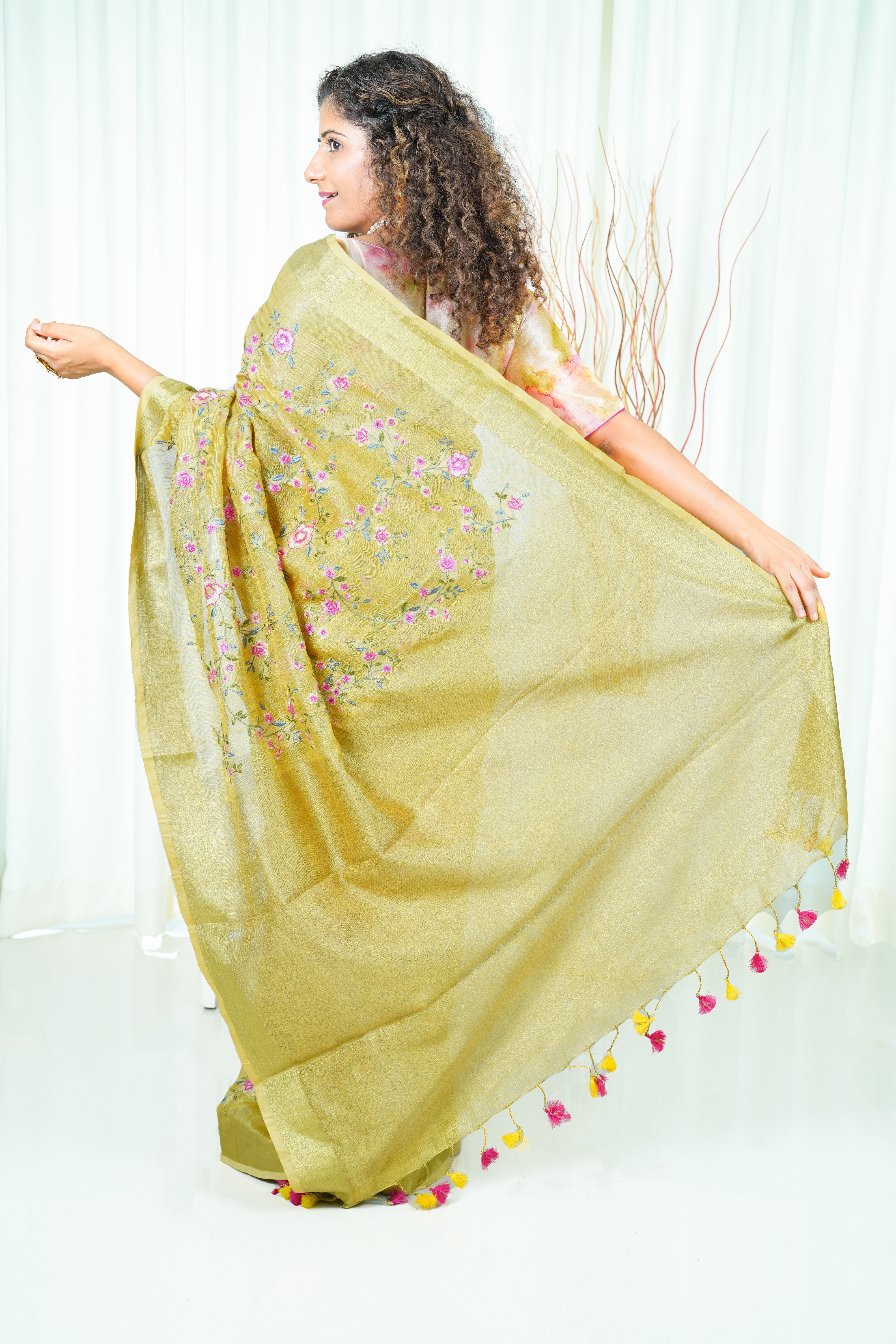 Embroidery on Tissue Linen Saree- Dirty Yellow