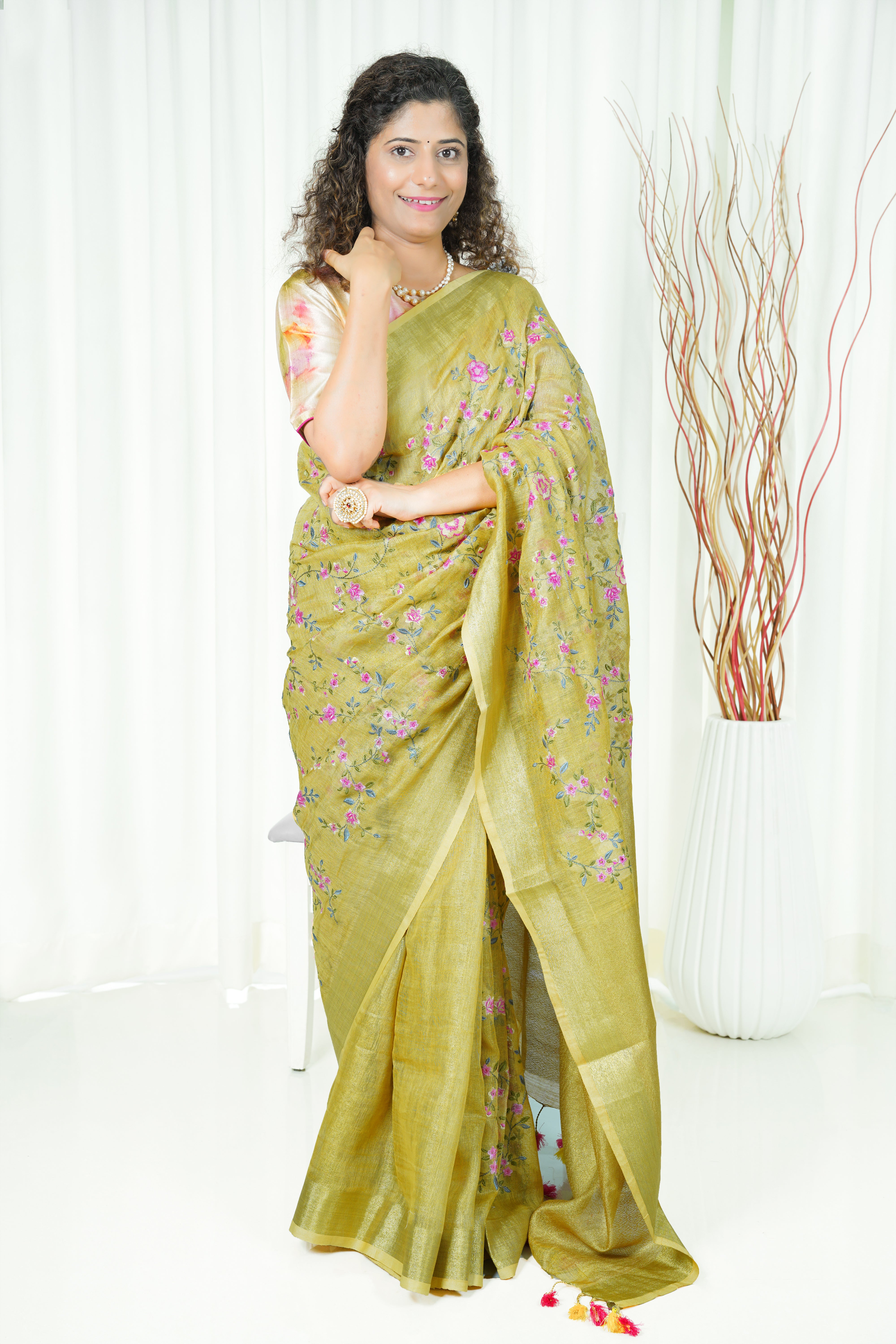 Embroidery on Tissue Linen Saree- Dirty Yellow