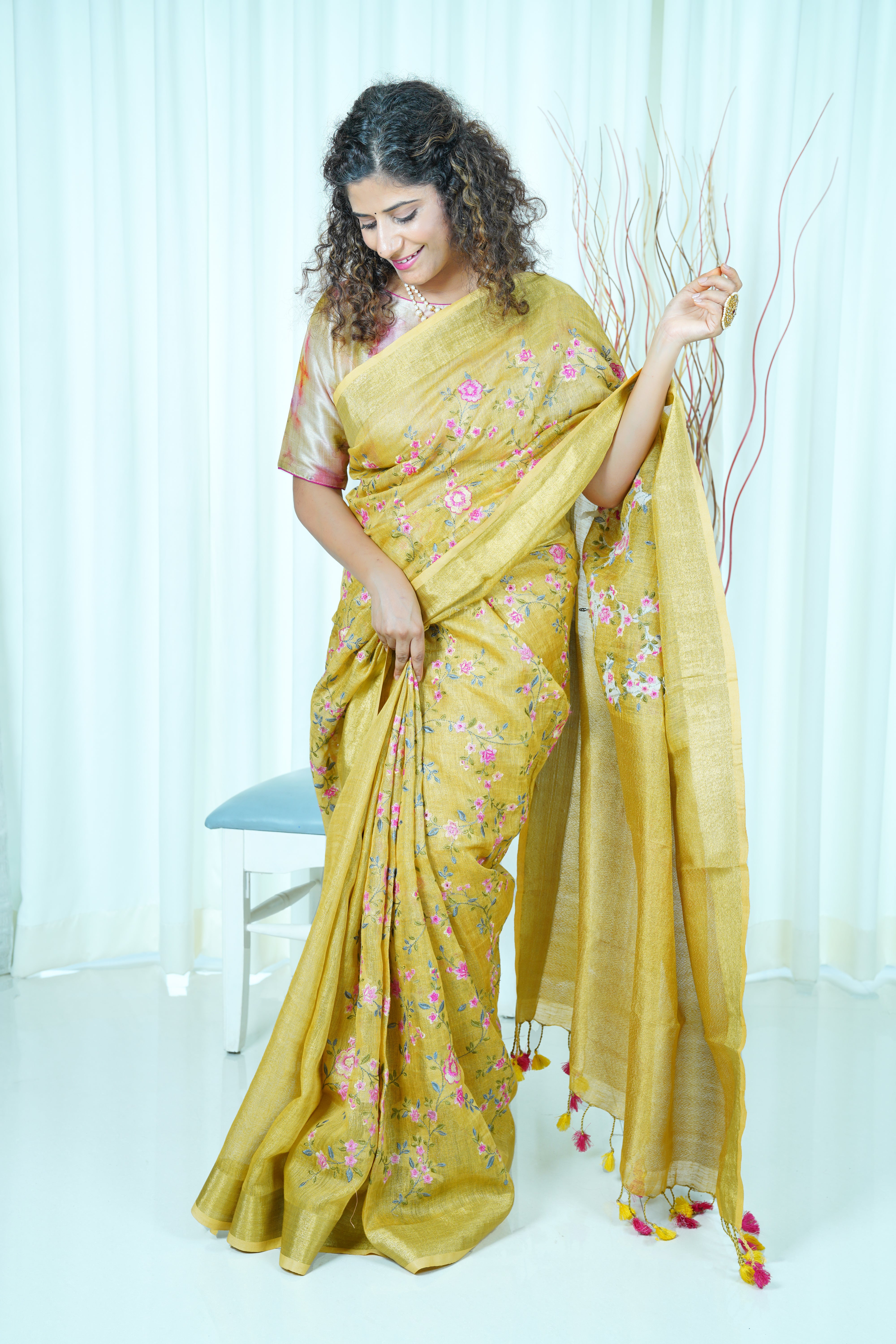 Embroidery on Tissue Linen Saree- Dirty Yellow