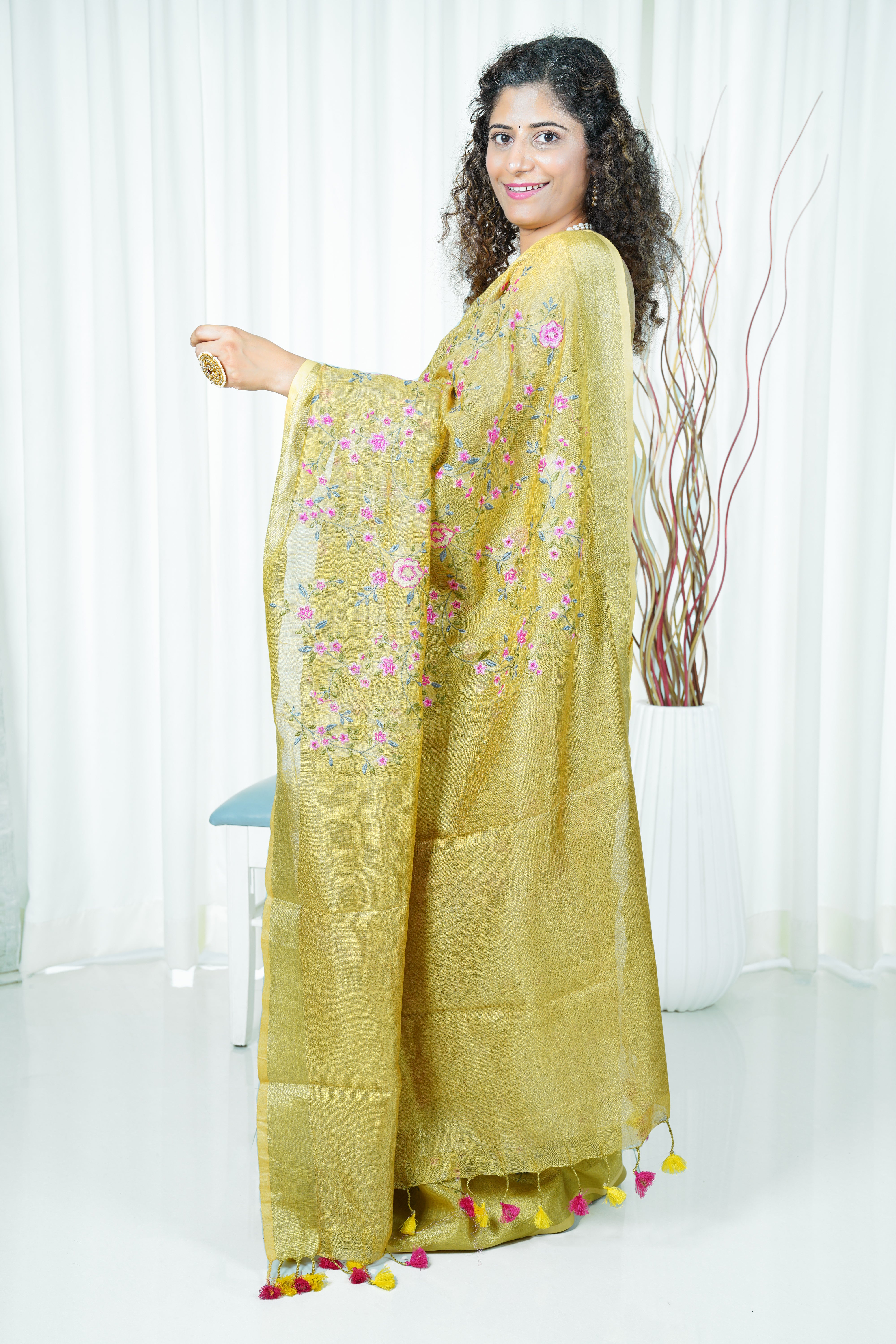 Embroidery on Tissue Linen Saree- Dirty Yellow