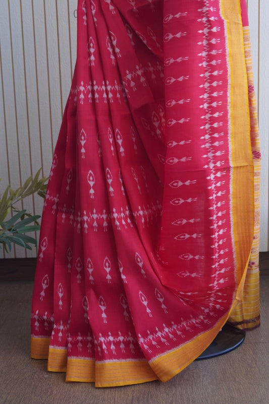 Odisha Ikkat Khandua Pure Silk Saree- Dual Tone Carrot Red