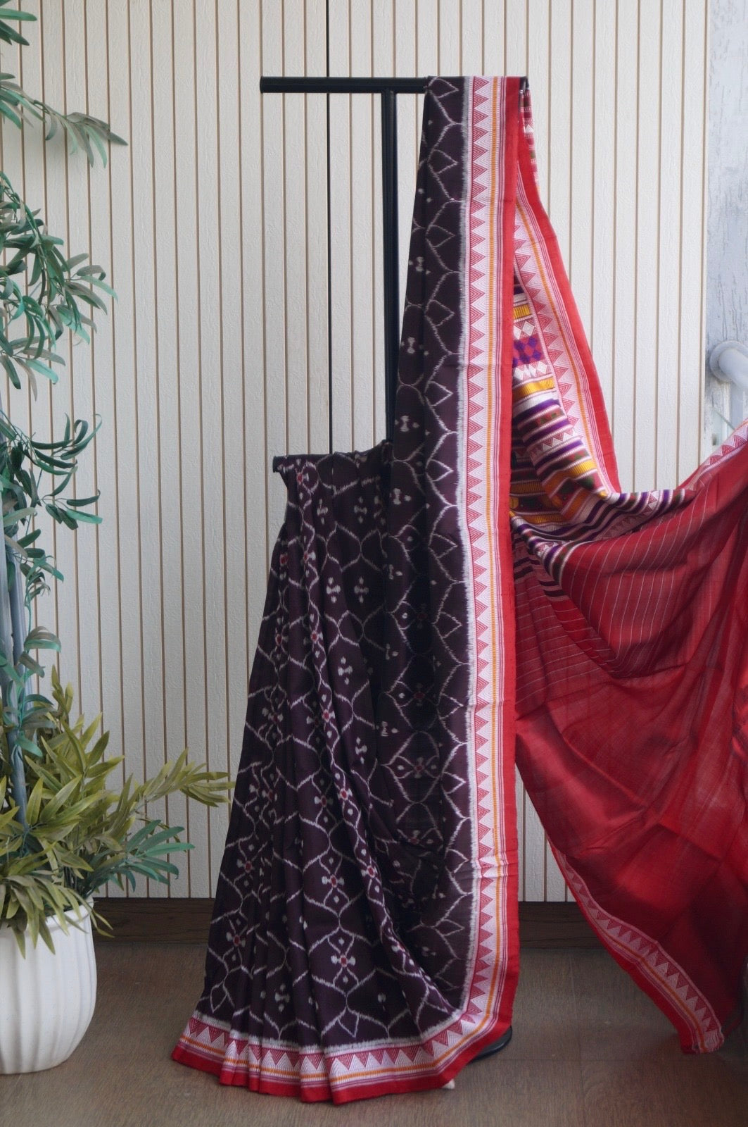 Exclusive Ikkat Dongria Pure Silk Saree- Deep Coffee