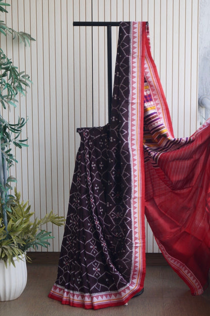 Exclusive Ikkat Dongria Pure Silk Saree- Deep Coffee