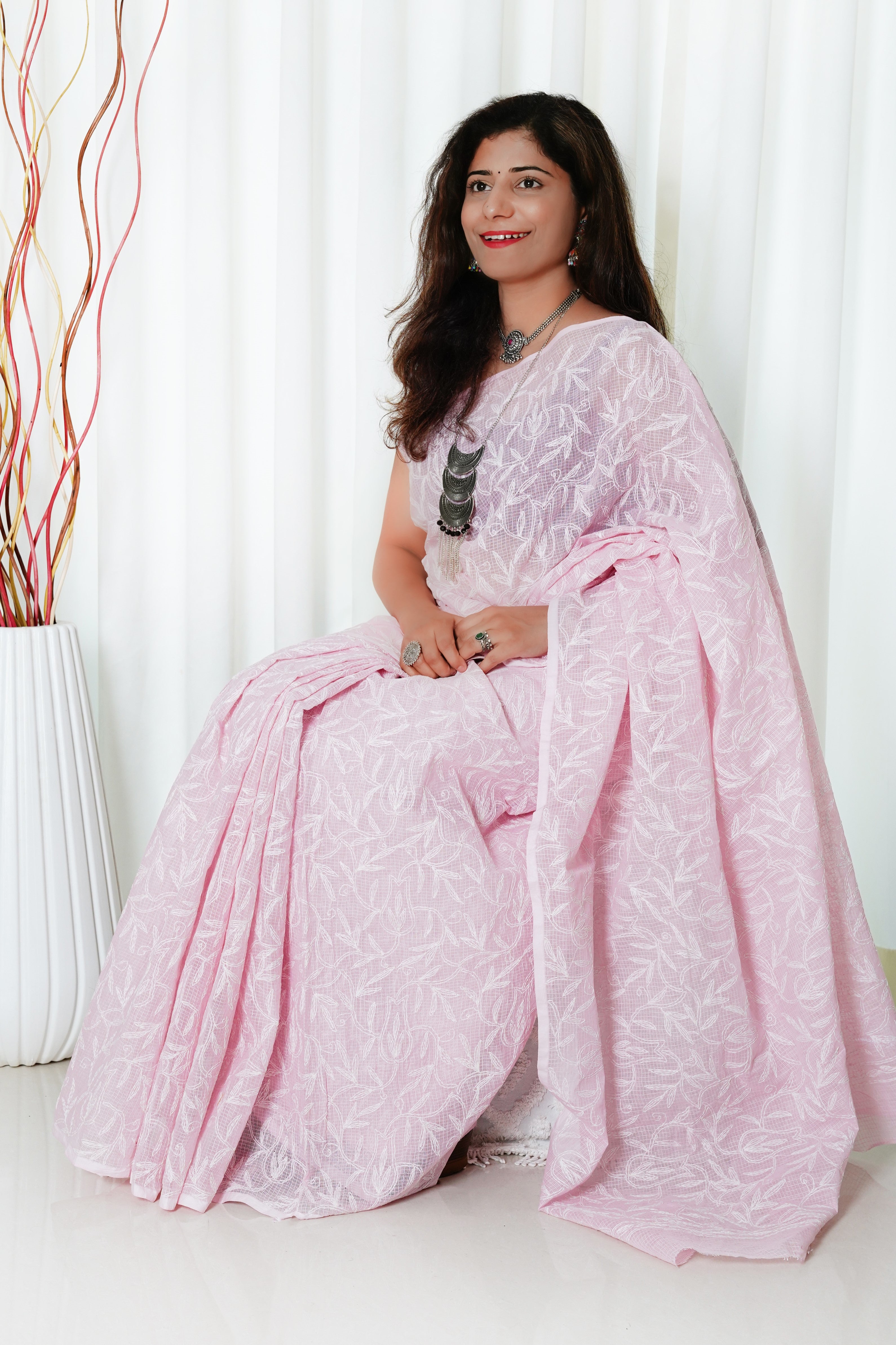 Kota Cotton Saree With Tepchi Chikankaari Work-Pink