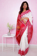 Load image into Gallery viewer, Bandha Border Khandua Ikkat Silk Saree - Off White Red
