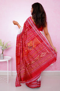 Bandha Border Khandua Ikkat Silk Saree - Off White Red